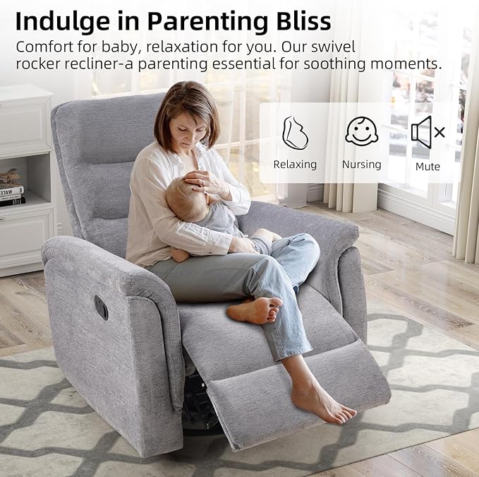 INZOY Swivel Rocker Recliner, Nursery Glider Chair, Manual Chairs Swivel Glider Recliners with Soft Backrest, Fabric Manual Reclining Sofa for Living Room Bedroom Apartment, Grey