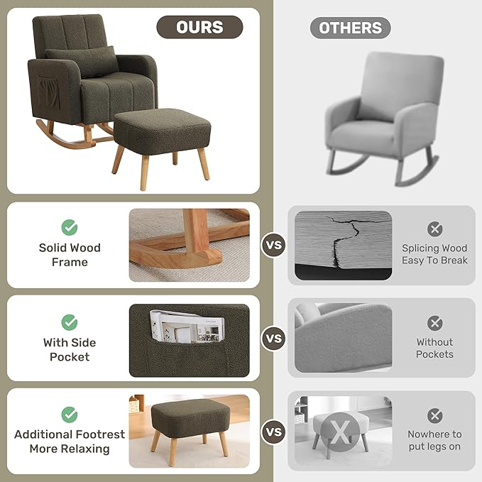 Rocking Nursing Chair with Ottoman, Upholstered Glider Rocker Armchair with High Backrest and Side Pocket, Comfy Reading Chair with Solid Wood Legs for Nursery, Living Room,Bedroom, Green