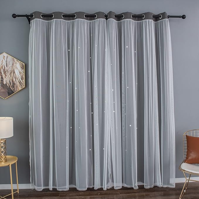 Kinryb Kids Blackout Curtains for Bedroom/Living Room/Classroom, Sheer Overlay Extra Long 2 Panel Set, Double Layer Curtains with Star Cutout for Kids Room(W 52 x L 108 Inches,Grey 2 Pcs)