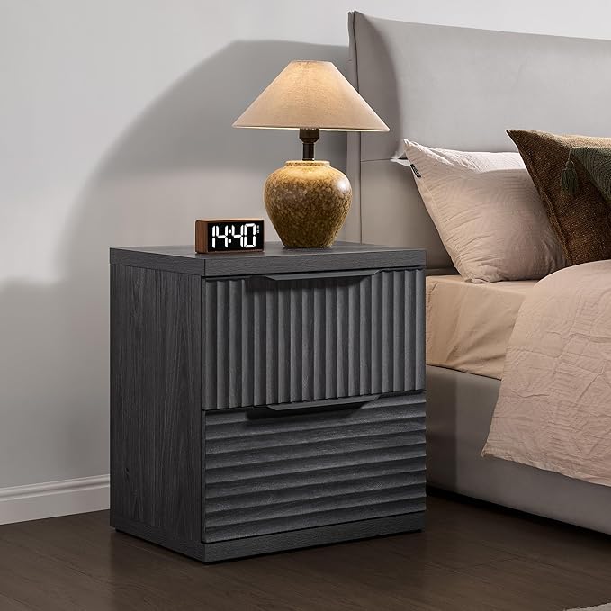 SICOTAS Large Night Stand - 22 Inch Wide Nightstand with 2 Storage Drawers, Modern Fluted Bedside Tables for Bedroom, Tall Nightstands Mid Century Bed Side End Table, Dark Grey Alder