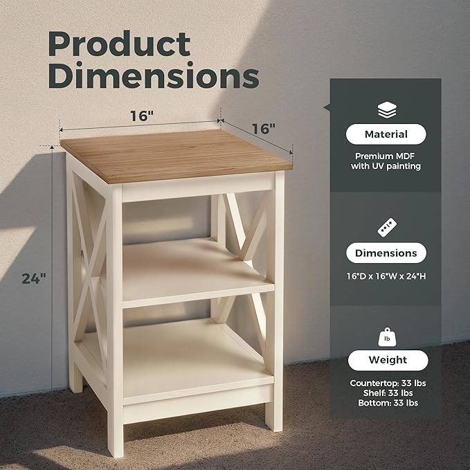 MAISON ARTS End Tables, Farmhouse Nightstand Set of 2, Small Side Table Living Room 3-Tier Modern Bed Side Table Nightstands for Bedroom, Sofa End Tables Set, Ivory White