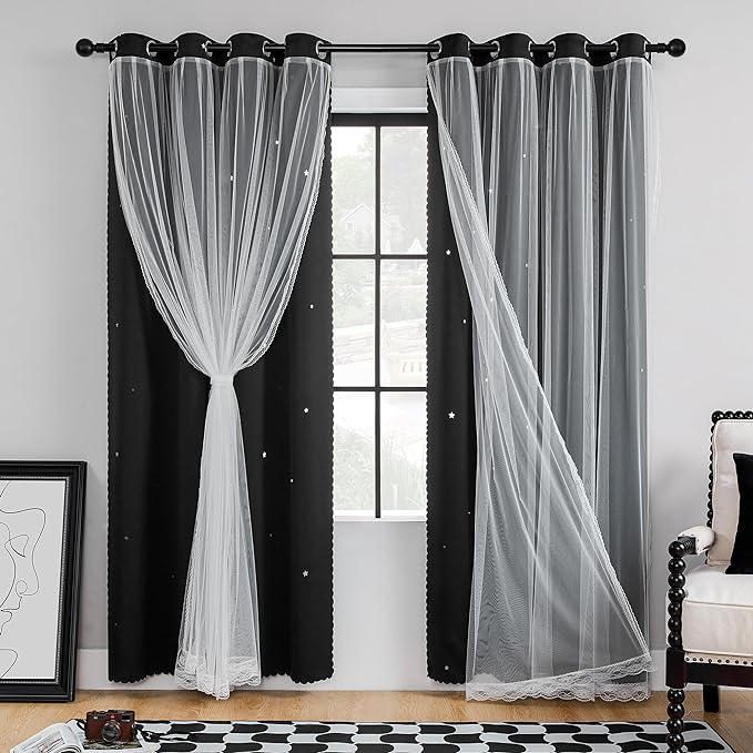 XiDi Black Curtains for Bedroom 84 Inches Long 2 Panels Set Blackout Double Layer Drapes for Nursery Kids Bedroom Star Cut Out Wall Home Decor Grommet Curtains for Living Room Darkening 34 Inch Wide