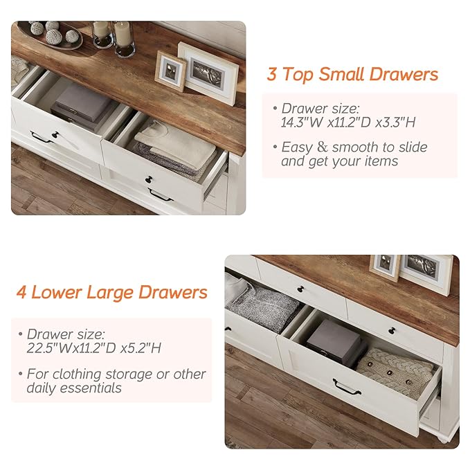 WAMPAT White Dresser Set with 14 Drawers for Bedroom, 2-in-1 Kids Dresser for Nursery Kids Room, Mid Century Modern Chests & Dressers, Distressed Wide Dresser Organizer for Children’s Bedroom