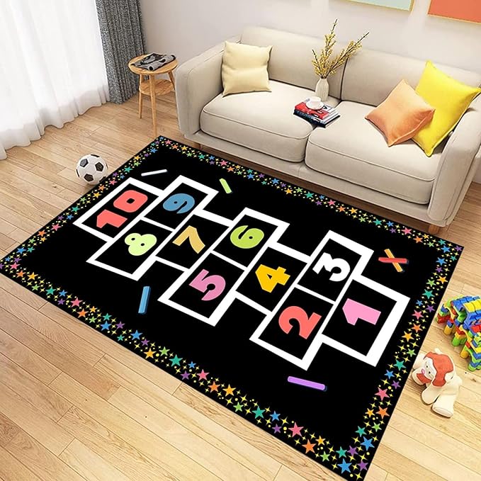 5x8ft Hopscotch Rug for Kids Room Nursery Number Star Pattern Hopscotch Mat Soft Non-Slip Kids Area Rug for Playroom Bedroom Indoor Entrance Washable Floor Mats