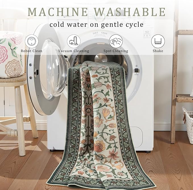 Anidaroel Washable Area Rugs 5x7, Floral Rug for Living Room Boho Area Rug, Non Slip Soft Large Bedroom Rug, Low Pile Stain Resistant Dining Room Rugs Indoor Floor Carpet for Dorm, Beige