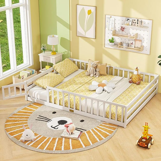 Giantex Queen Floor Bed with Door & Fence, Kids Wood Montessori Beds with Safety Guardrails, Floor Bed Twin for Kids, Boys, Girls, No Box Spring Needed, White