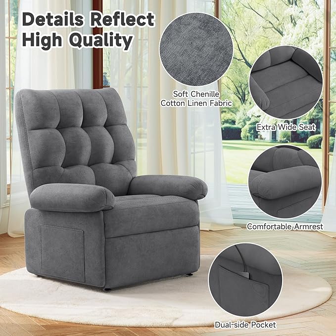 Power Recliner Chair for Elderly, Lift Chairs Triple Motor with Infinite Position, Seniors Electric Stand Assist, Single Sofa with Side Pockets for Living Room, Grey