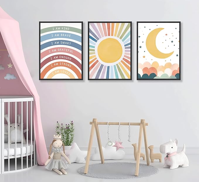 KBIERQN 3Pcs Boho Sun moon Wall Art Nursery Positive Affirmations Rainbow Poster Prints Bohemian Star Heart Canvas Picture for Toddler Baby Girls Room Playroom Bedroom Wall Decor 12x16in Unframed