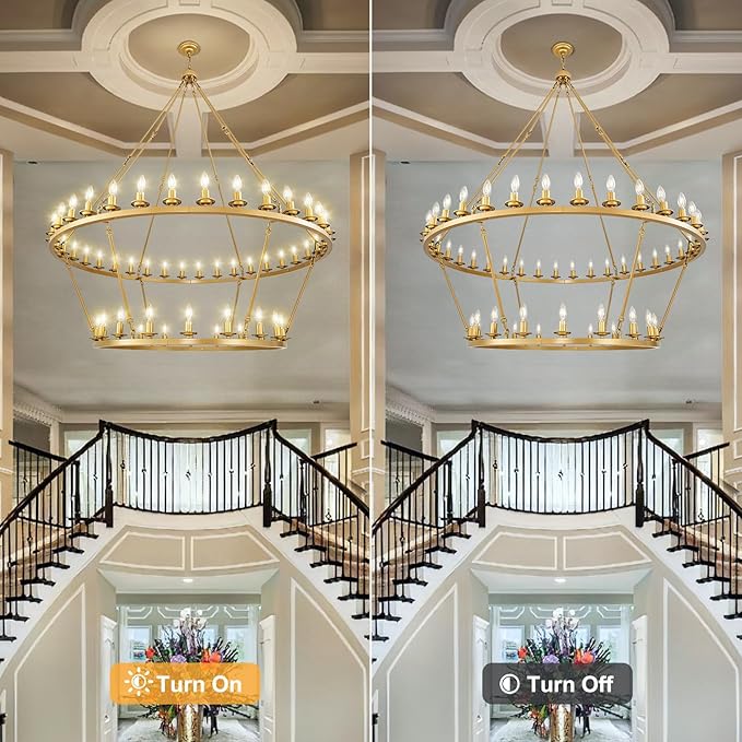 Wagon Wheel Chandelier, 2-Tier 54-Light Gold Large Modern Farmhouse Chandelier with Adjustable Height Island Light Fixture for High Ceiling Dining Room, Kitchen, Living Room, Entryways, Foyer