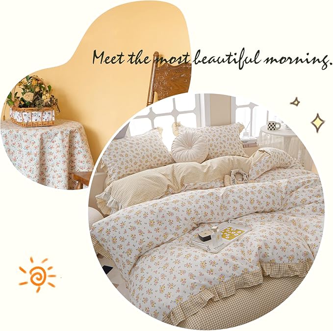 Girls Ruffle Duvet Cover Queen Chic Floral Princess Lace Comforter Cover Soft Breathable 100% Cotton Flower Bedding Set Vintage Botanical Duvet Cover Romantic Ruffle Comforter Cover with 2 Pillowcases