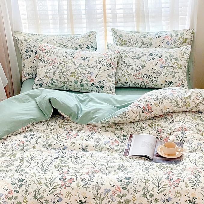 HighBuy Lightweight Duvet Cover Twin Multi Color Flowers Bedding Set Kids Girls Vintage Botanical Chic Cotton Comforter Cover Peach Green Floral Bedding Sets Twin Girls Duvet Cover Set