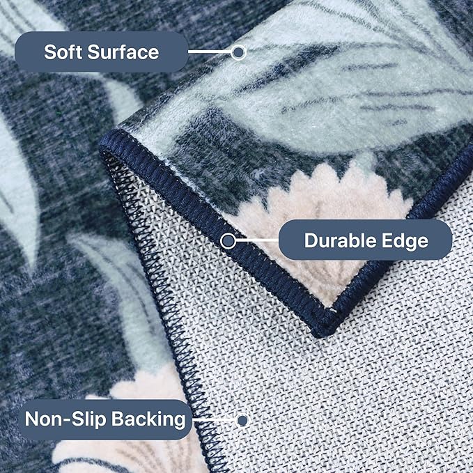 GENIMO 5x7 Vintage Floral Area Rug, Soft Microfiber Washable Rug with Non-Slip Backing, Blue and Black Carpet for Living Room, Bedroom and Dining Room