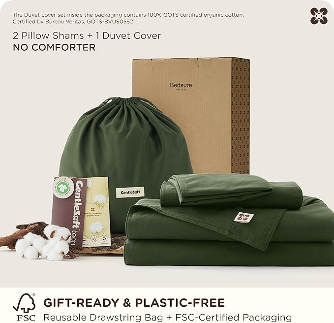 Bedsure Cotton Duvet Cover Queen, 100% GOTS Organic Cotton Duvet Cover Set, Fair Trade Certified Queen Bedding, Eco-Friendly, Ultra-Soft, Breathable Home Bedding for All Seasons(Olive Green, 90"x90")
