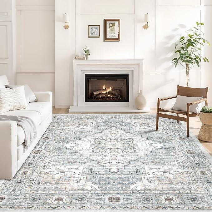 Area Rug 9×12 Washable Rugs for Bedroom, Vintage Floral Rug Soft Non Slip Stain Resistant Carpet for Living Room Dinning Room Kitchen Home Office Blue Green Multi