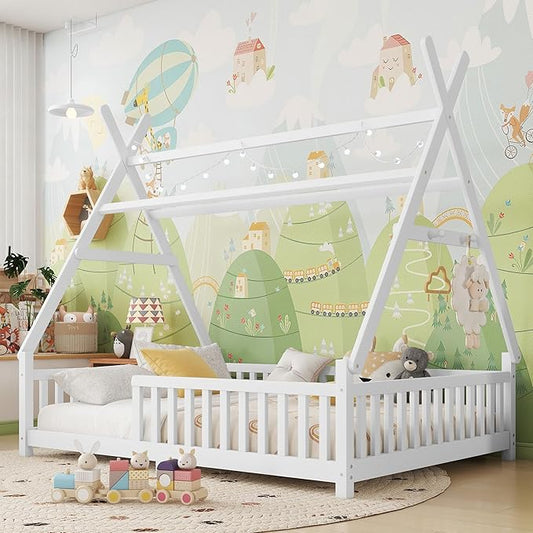 Full House Bed with Roof & LED Light, Low Profile House Bed with Fence, Safe Guardrails, DIY-Friendly for Boys & Girls, Solid Wood & MDF Construction, No Box Spring Required, White