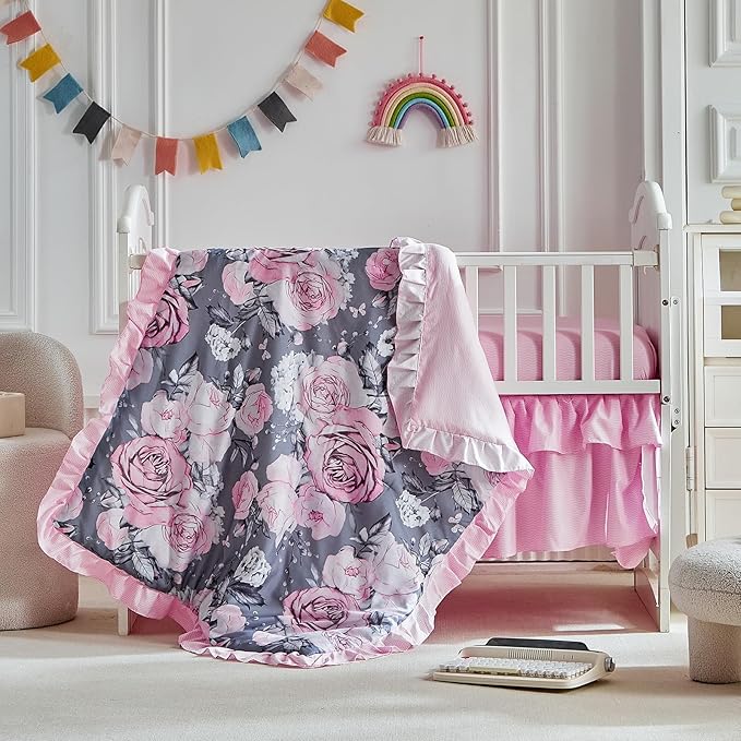 3 Pieces Flowers Mini Crib Bedding Set Baby Ruffled Quilted Comforter with Fitted Sheet and Bed Skirt - Cute Ruffled Shabby Chic Baby Bedding Soft Gray Pink Rose Floral Design