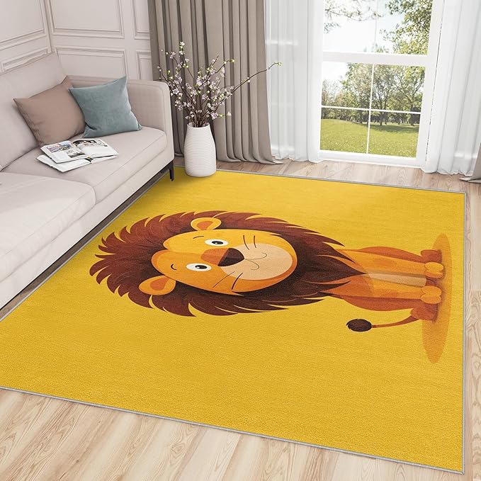 Lion Rug for Nursery - 2x3 Rug - Lion Rug - Cute Cartoon Safari Area Rug - Kids Baby Nursery Rugs - Zoo Animal Yellow Carpet - Home Decor