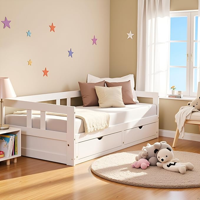 Alaterre Furniture Melody Twin to King Extendable Daybed with Trundle and Storage Drawers – Solid Pine Wood Kids Bed Frame with Headboard – Guest Bed for Boys, Girls, Toddlers, or Teens (White)