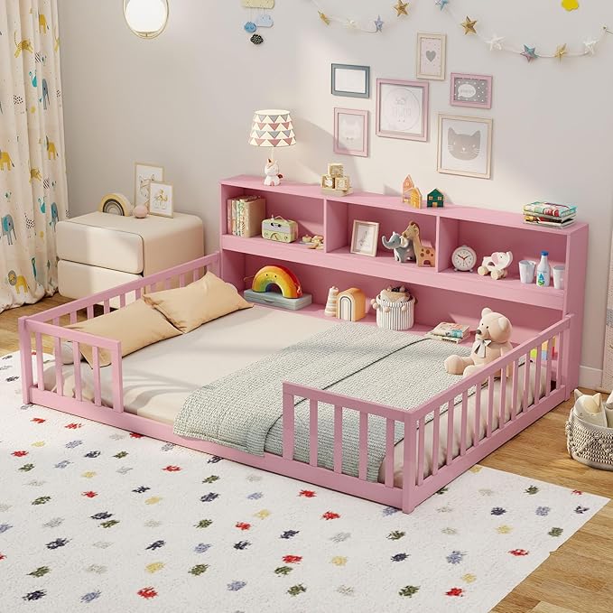 Giantex Full Size Floor Bed for Kids, Wooden Montessori Bed Frame with Bookcase, Storage Shelves & Safety Fence Rails, Floor Beds Full for Girls, Boys, No Box Spring Needed, Without Slats, Pink