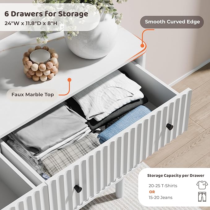 RECCI Fluted 6 Drawers Dresser for Bedroom, 54" Wide Chest of Drawers with 3D Fluted Panel, Faux Marble Top, Solid Wooden Legs, Storage Drawers, TV Stand, Closet Chests for Bedroom, White