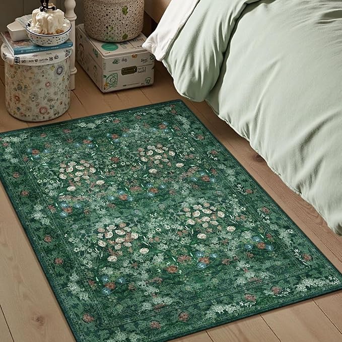 Green Cottagecore Washable Floral Rugs for Entryway - 2x3 Small Vintage Throw Rugs for Kitchen, Bathroom, Laundry, Indoor Entrance - Low Pile Non Slip Thin Rug, Boho Distressed Front Door Floor Mat