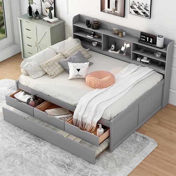 Harper & Bright Designs Full Size Captain Bed with Built-in Bookshelves/3 Storage Drawers/Trundle, Wooden Full Daybed Bed Frame for Kids Teens Dorm Bedroom Multipurpose Guest Room, Light Grey