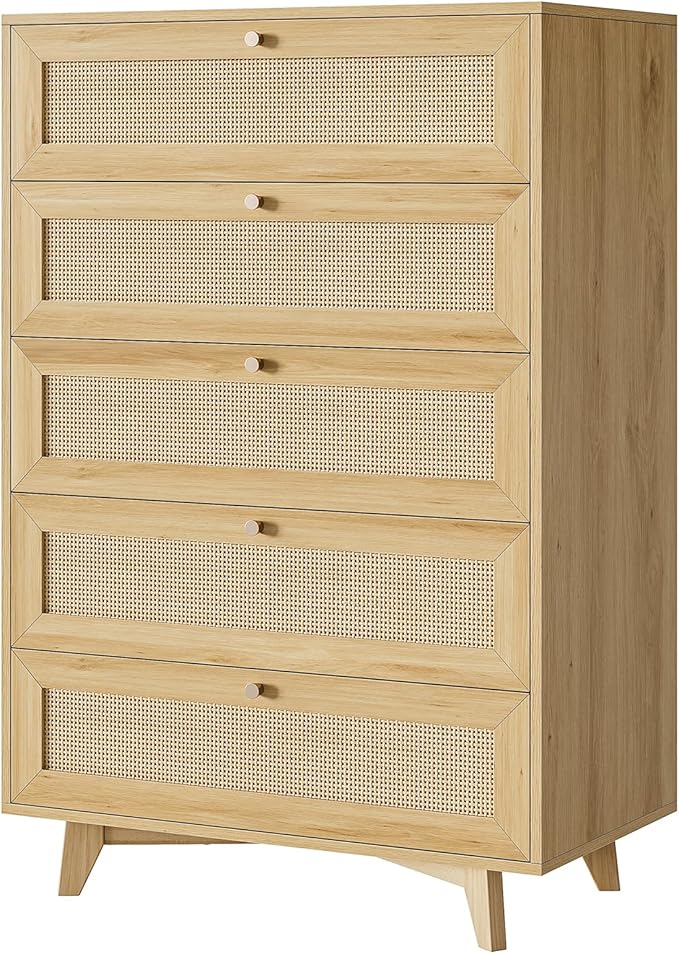 AOGLLATI Rattan Dresser for Bedroom with 5 Drawer, Modern Double Wooden Tall Bedroom Dresser, Chest of Drawers with Metal Handle & Solid Wood Legs for Bedroom/Living Room,