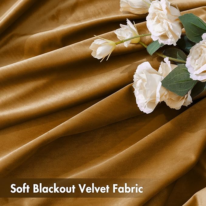MIULEE Golden Brown Velvet Curtains Thermal Insulated Blackout Curtain Drapes for Bedroom Living Room Darkening 96 Inches Long Curtains Panels Rod Pocket Set of 2