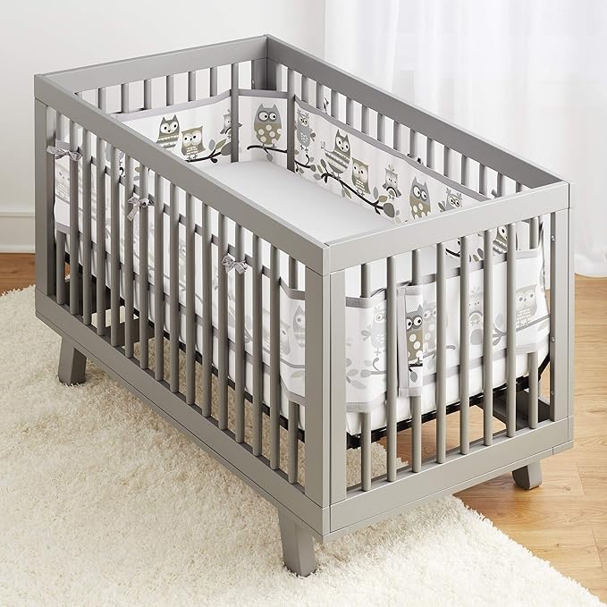 BreathableBaby Breathable Mesh Liner for Full-Size Cribs, Classic 3mm Mesh, Owl Fun Gray (Size 4FS Covers 3 or 4 Sides)
