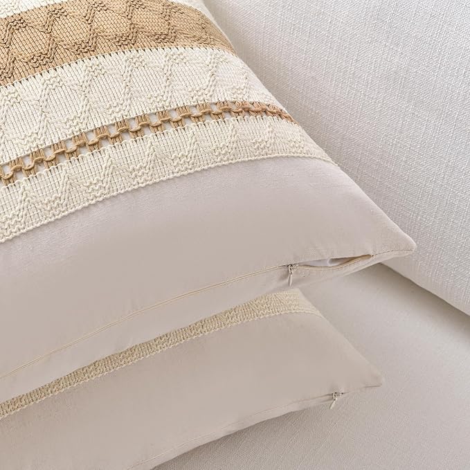 Fancy Homi Set of 2 Tan Neutral Decorative Throw Pillow Cover 18x18 Inch for Couch Bed Sofa, Aesthetic Modern Organic Farmhouse Boho Home Decor, Soft Cotton Cute Accent Macrame Taupe Cushion Case