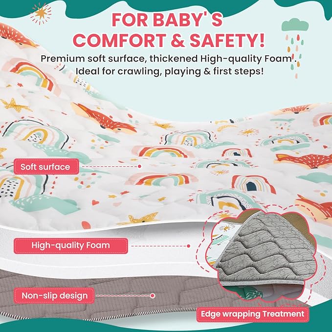 Baby Play Mat for Floor,71x59 Inch Soft Foam Padding Crawling Mat for Playpen, Foldable and Machine Washable, Thick for Babies & Toddlers,Rainbow Fox