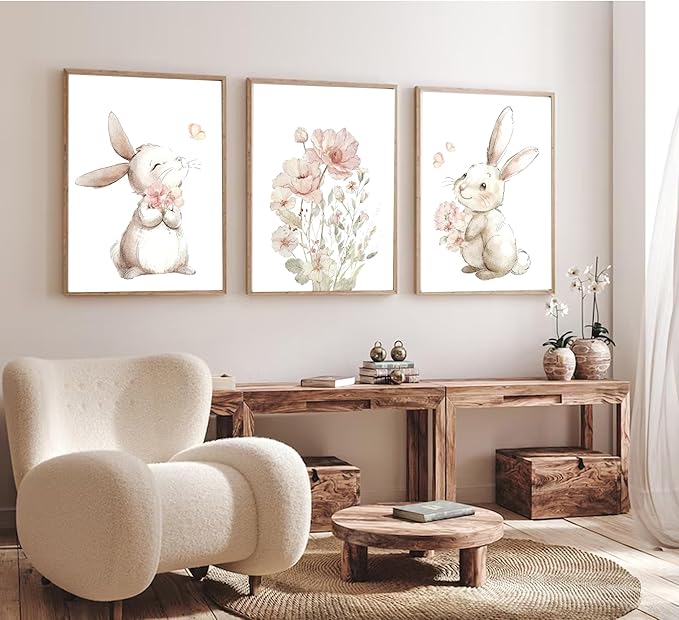 Pink Girl Nursery Bunny Canvas Wall Art Cute Rabbit Wildflowers Painting Pictures Wall Decor Botanical watercolor Flower Poster printing artwork For Baby Boys and Girls Playroom paintings Unframed