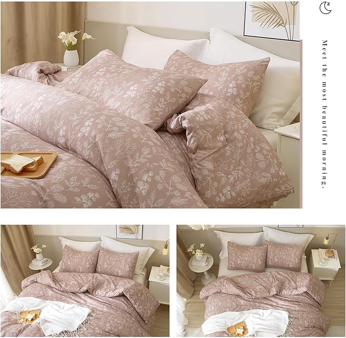 Twin Duvet Cover Floral 100% Cotton Girls Aesthetic Bedding Set Botanical Flowers Comforter Cover Twin with 2 Pillowcases Garden Style Chic Floral Bedding Duvet Cover Set Cottagecore,Mauve Brown