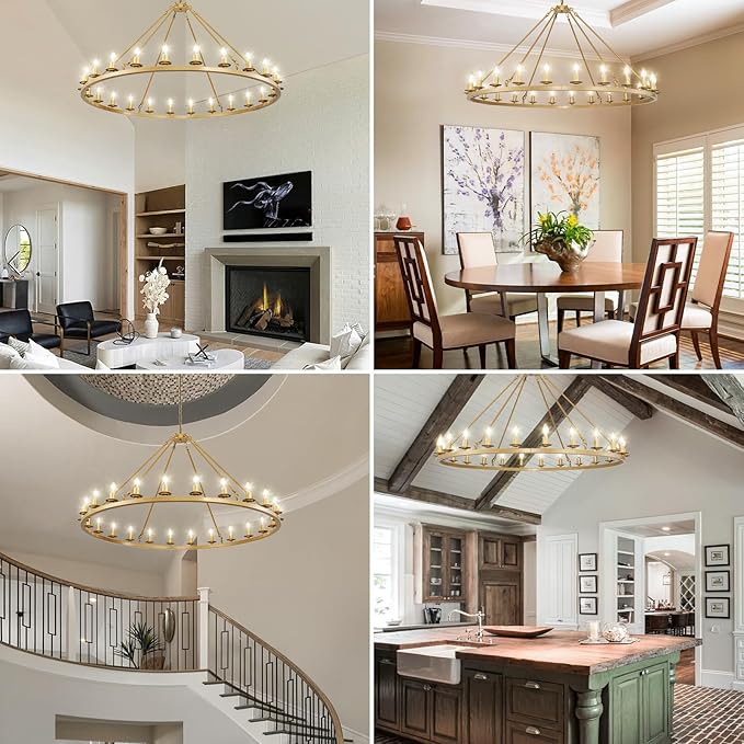 Wagon Wheel Chandelier, 24-Light Gold Large Round Modern Farmhouse Chandelier with Adjustable Height Island Light Fixture for High Ceiling Dining Room, Kitchen, Living Room, Entryways, Foyer