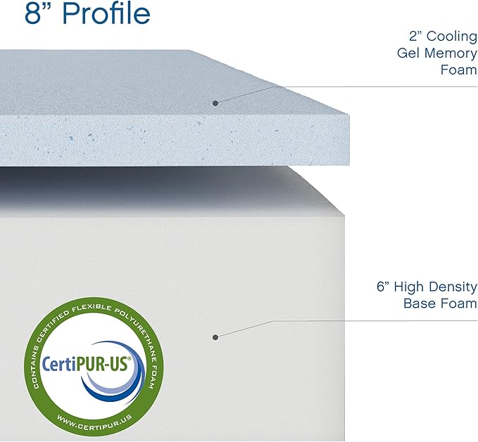 Cool Gel 8 Inch California King Memory Foam Mattress Medium Firm, King Size Memory Foam Mattress Cooling, Made in the USA, 8" Depth with Pressure Relief, CertiPUR-US Certified, CoolGel Bed