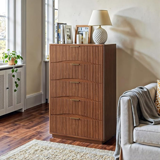 Evermagin Fluted 5 Drawers Dresser, 47" Tall Wooden Dressers Storage Organizer,Modern Chest of Drawers for Bedroom with Deep Storage, Living Room,Entryway, Walnut