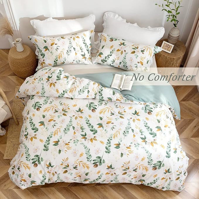 MILDLY Pattern Duvet Cover Set - 100% Washed Cotton Garden Floral Botanical Flower Leaves Bedding Set 3 Pieces Queen Size Linen Feel Breathable Comforter Cover with Zipper Ties
