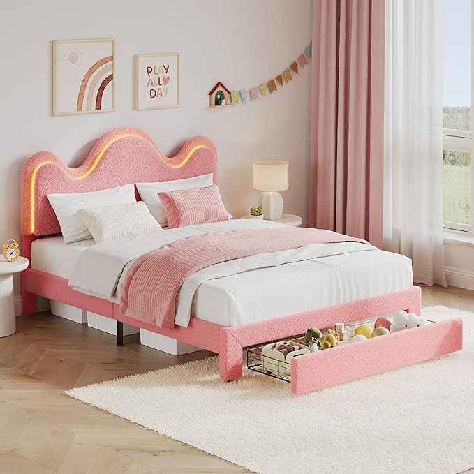 IDEALHOUSE Queen Bed Frame with LED Headboard and Under-Bed Drawer, Metal Upholstered Platform Bed with LED Light for Kids, Girls, Lamb Fleece Fabric, Wooden Slats Support, No Box Spring Needed, Pink