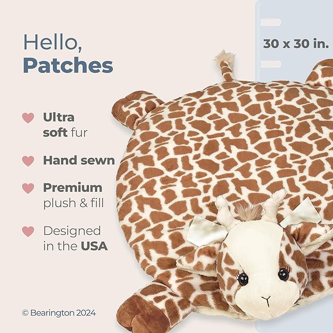 Bearington Patches Tummy Time Giraffe Baby Stuff Toy - 30" x 30" Nursery Giraffe Plush Safari Baby Items with Soft Fabric and Cute Safari Design - Cuddly Gift for Infants and Toddlers