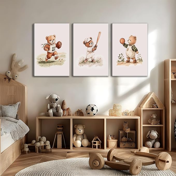 3Pcs Nursery Bear Canvas Wall Art Nursery Animal Poster Prints Teddy Bear Painting Boy Sports Picture Football Basketball Kids Room Artwork Wall Decor for Children Bedroom Playroom 12x16in Framed