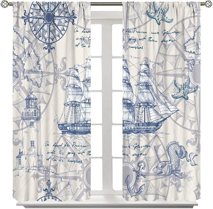 Nautical Sailboat Map Curtain,Ship Compass Lighthouse Anchor Decorative Curtain Polyester Fabric Waterproof Bedroom Curtain Set 2 Panels,63x72 Inches