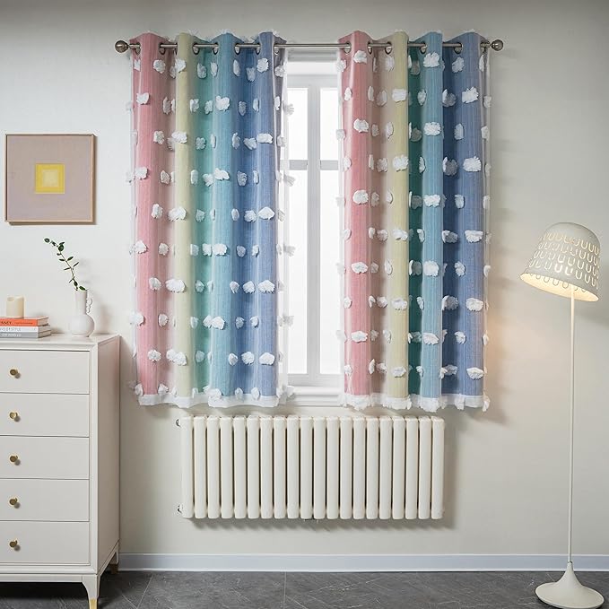 MYSKY HOME Pom Pom Sheer and Blackout Curtains Double Layer Rainbow Curtains 63 Inches Long Kids Curtains for Girls Bedroom Son Room Ombre Room Darkening Grommet Rainbow 52 x 63 in 2 Panels