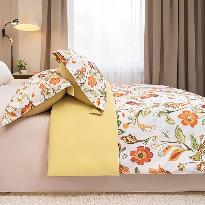 Orange Blossom Garden Duvet Cover Queen Size, 3 PCS Washed Fiber Floral Botanical Pattern Bedding Set, Cozy Soft Breathable Quilt Cover, Zipper + 8 Corner Ties + 2 Pillow Shams, Without Comforter