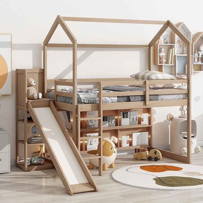 Flieks Twin Size Wood House Loft Bed Frame for Boys Girls Kids Adults Toddler with Slide, Storage Shelves and Light, Climbing Ramp, Wood Color