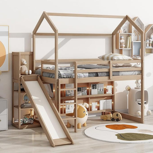 Flieks Twin Size Wood House Loft Bed Frame for Boys Girls Kids Adults Toddler with Slide, Storage Shelves and Light, Climbing Ramp, Wood Color