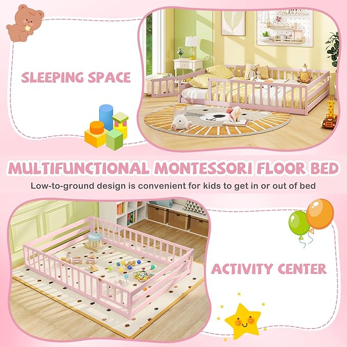 Giantex Full Floor Bed with Door & Fence, Kids Wood Montessori Beds with Safety Guardrails, Floor Bed Twin for Kids, Boys, Girls, No Box Spring Needed, Pink