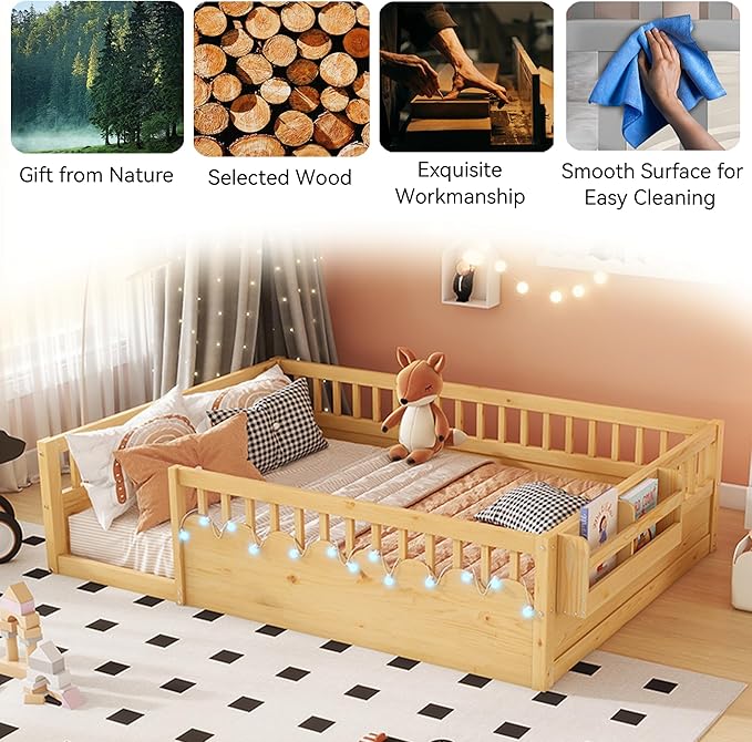 Full Toddler Floor Bed with High Rails, Wooden Montessori Bed Frame with Light and Storage Shelf, Full Size Bed Frame for Kids, Boys and Girls, Natural
