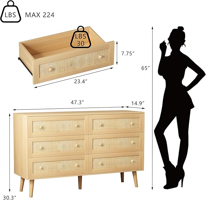 Rattan Dresser for Bedroom, Modern 6 Drawer Dressers & Chest of Drawers, Natural Boho Dresser with Handles Wood Storage Organizer Modern Dressers for Closet, Hallway, Office