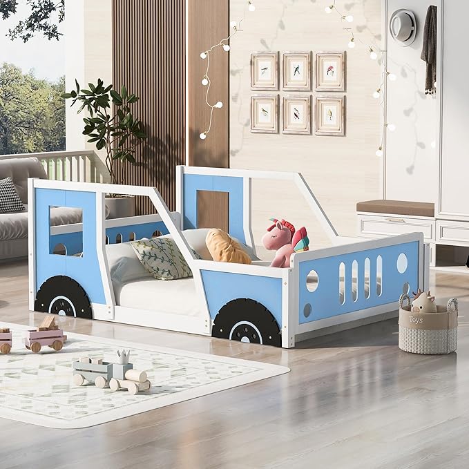 Bellemave Twin Full Size Kids Car Bed, Classic Car-Shaped Platform Bed with Wheels, Wood Full Montessori Floor Bed Frame for Kids Boy Girls, Lightning McQueen Bed (Blue+Black)
