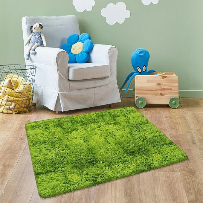 Soft Fluffy Tie Dyed Grass Green Shag Rug 2x3 Small Green Area Rug Carpet for Bedroom Door Entryway Indoor Inside Front Entrance Green Mat Non Slip, Home Decor Aesthetic, Nursery